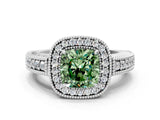 White gold Fancy Green Cushion  Cut Halo Diamond Ring with Pavé Band and Four-Prong Setting_69