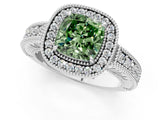 White gold Fancy Green Cushion  Cut Halo Diamond Ring with Pavé Band and Four-Prong Setting_70