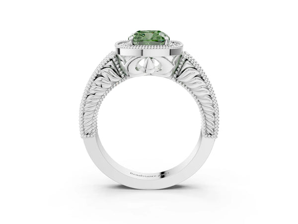 Platinum Fancy Green Cushion  Cut Halo Diamond Ring with Pavé Band and Four-Prong Setting
