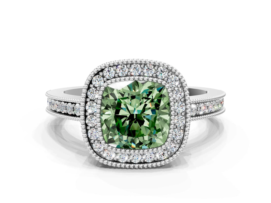 White gold Fancy Green Cushion  Cut Halo Diamond Ring with Pavé Band and Milgrain Prong Setting_32