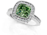 White gold Fancy Green Cushion  Cut Halo Diamond Ring with Pavé Band and Milgrain Prong Setting_33