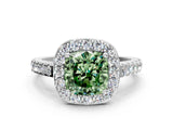 White gold Fancy Green Cushion Cut Halo Diamond Ring with Pavé Band and Three-Prong Setting_12