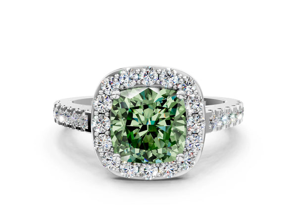 White gold Fancy Green Cushion Cut Halo Diamond Ring with Pavé Band and Three-Prong Setting