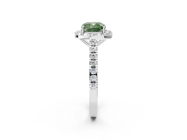 White gold Fancy Green Cushion Cut Halo Diamond Ring with Pavé Band and Three-Prong Setting