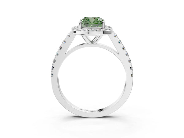White gold Fancy Green Cushion Cut Halo Diamond Ring with Pavé Band and Three-Prong Setting