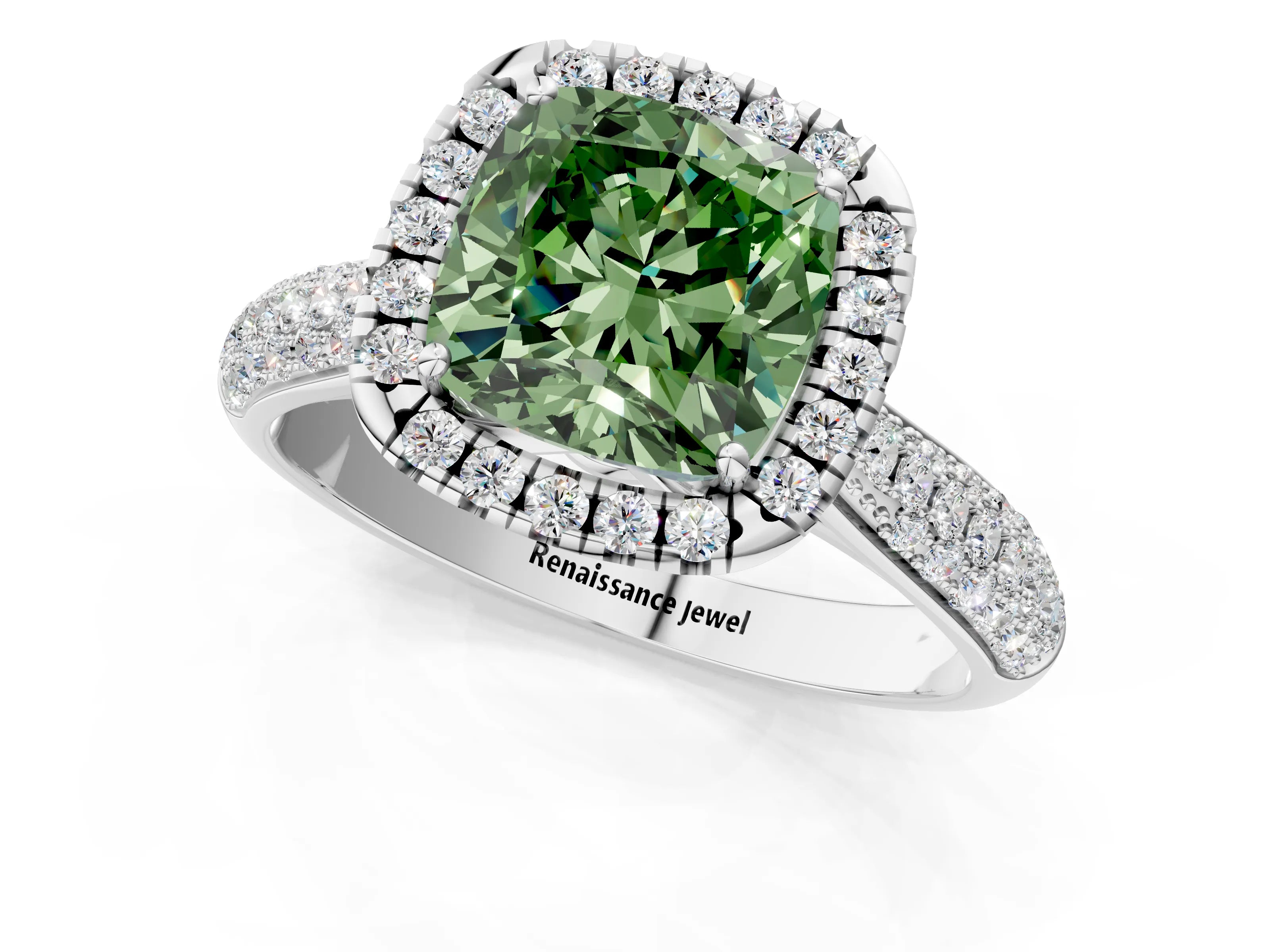 White gold Fancy Green Cushion Cut Halo Diamond Ring with Pavé Band_1