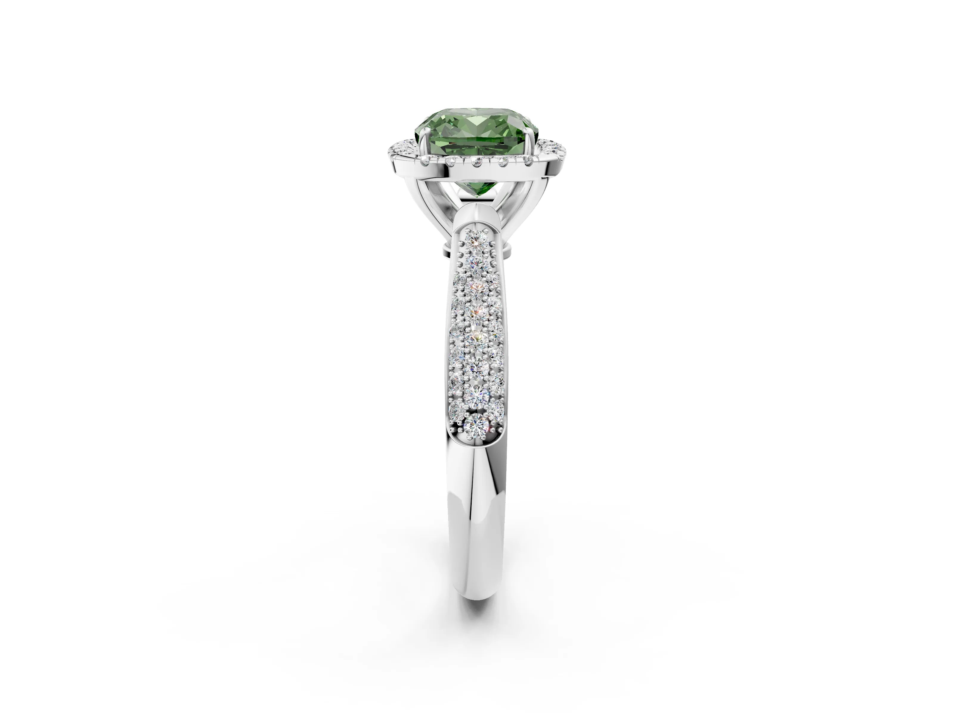 White gold Fancy Green Cushion Cut Halo Diamond Ring with Pavé Band_2