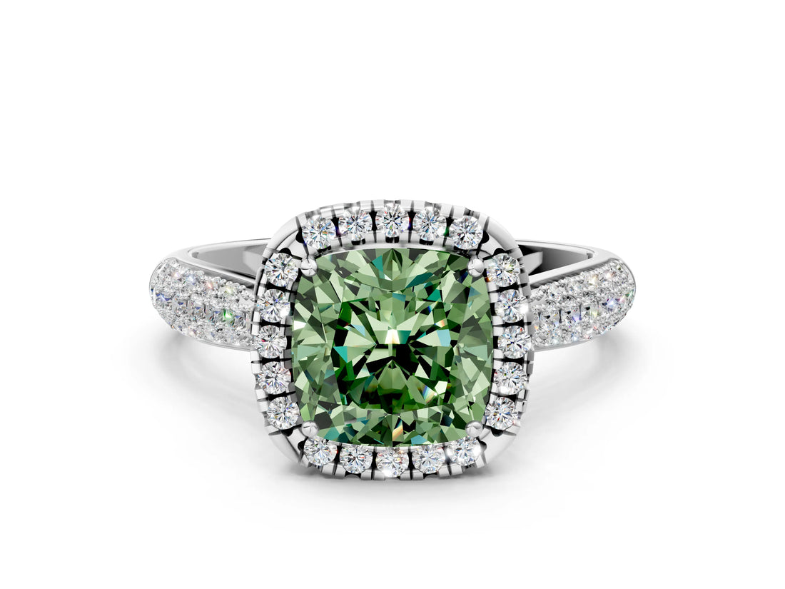 White gold Fancy Green Cushion Cut Halo Diamond Ring with Pavé Band_36