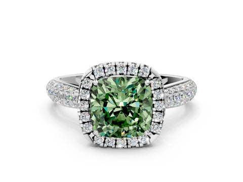 White gold Fancy Green Cushion Cut Halo Diamond Ring with Pavé Band_36