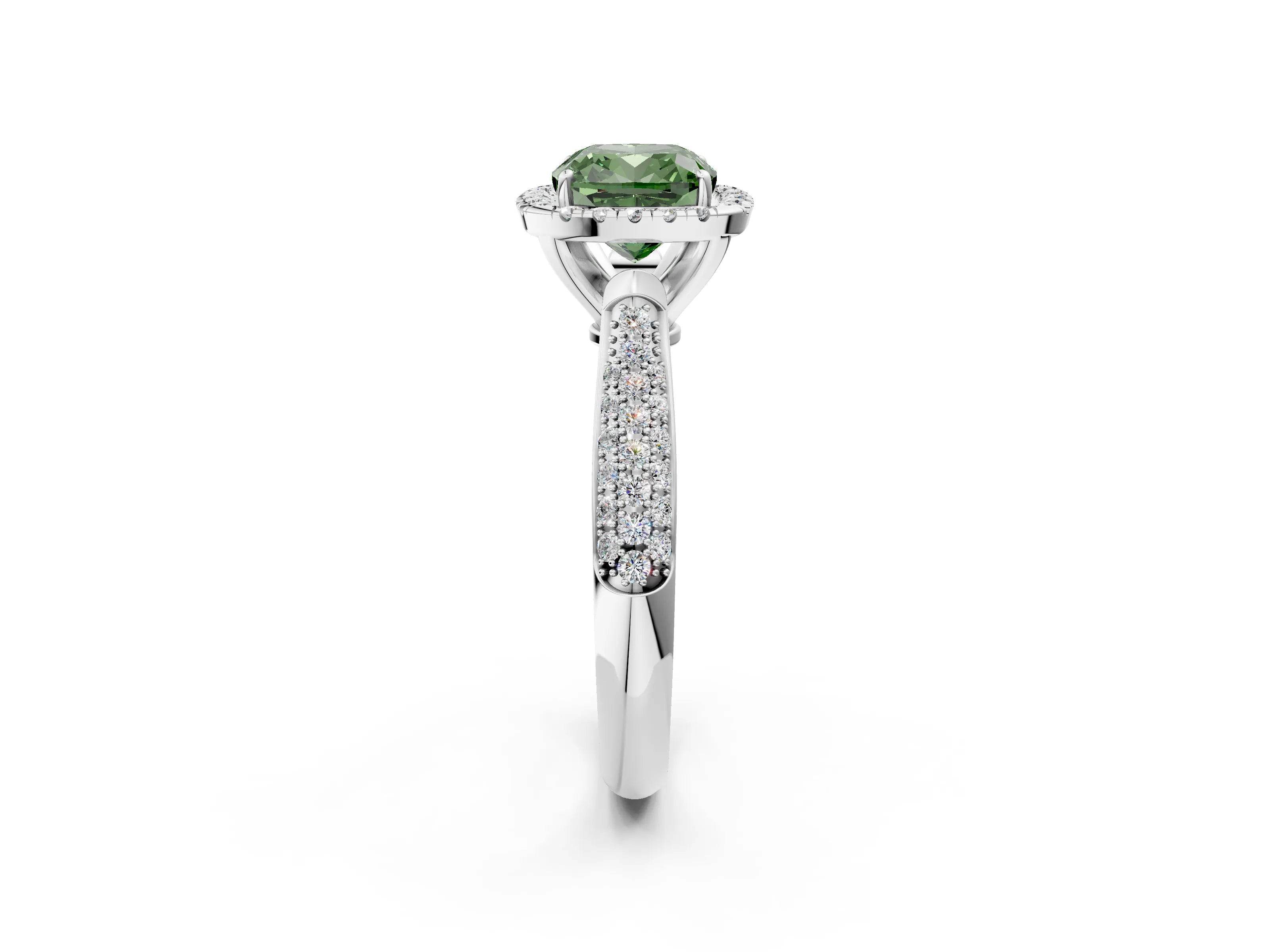 White gold Fancy Green Cushion Cut Halo Diamond Ring with Pavé Band_38