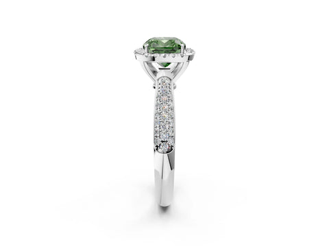 White gold Fancy Green Cushion Cut Halo Diamond Ring with Pavé Band_38