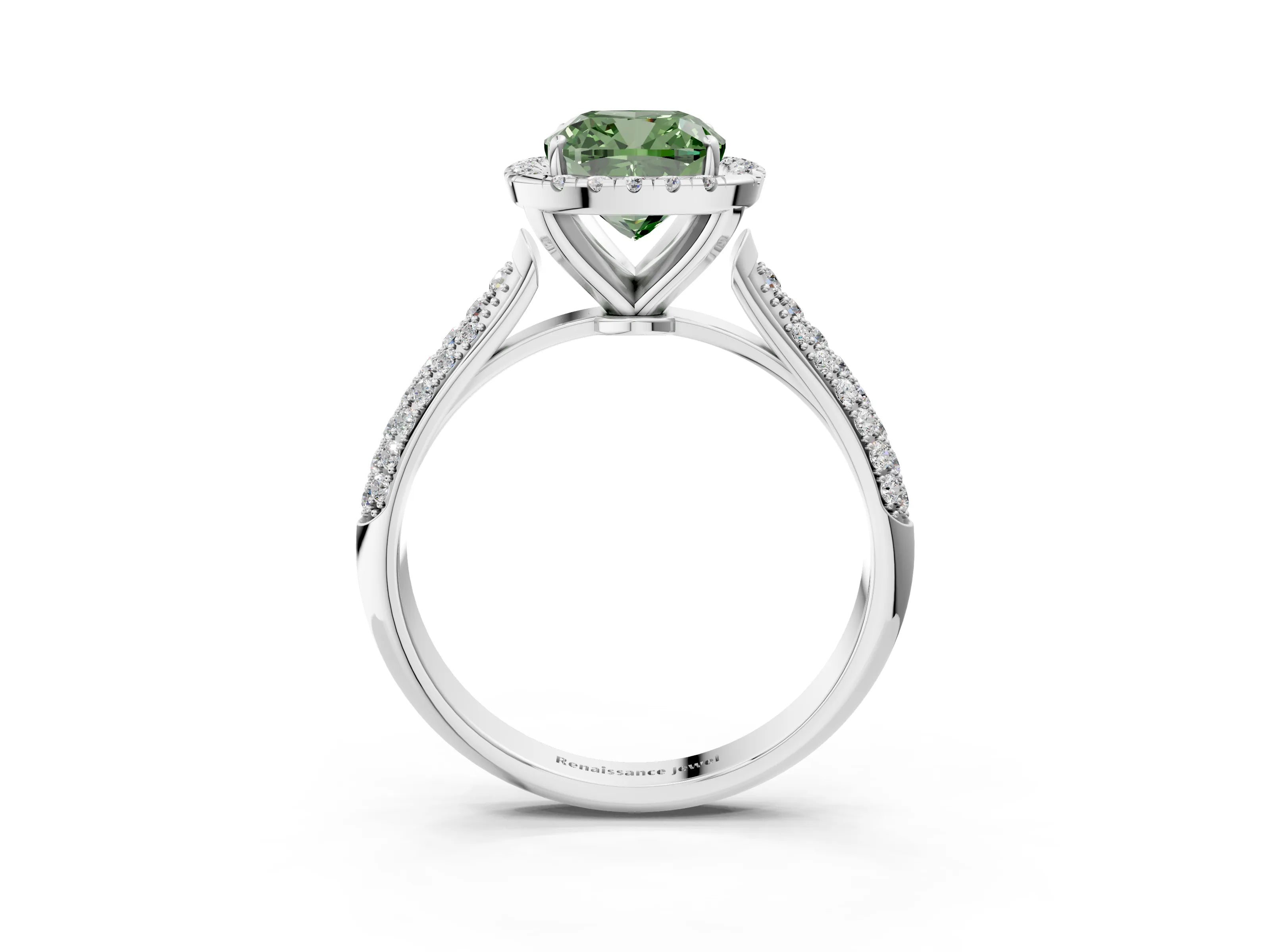White gold Fancy Green Cushion Cut Halo Diamond Ring with Pavé Band_39
