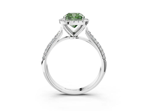 White gold Fancy Green Cushion Cut Halo Diamond Ring with Pavé Band_3