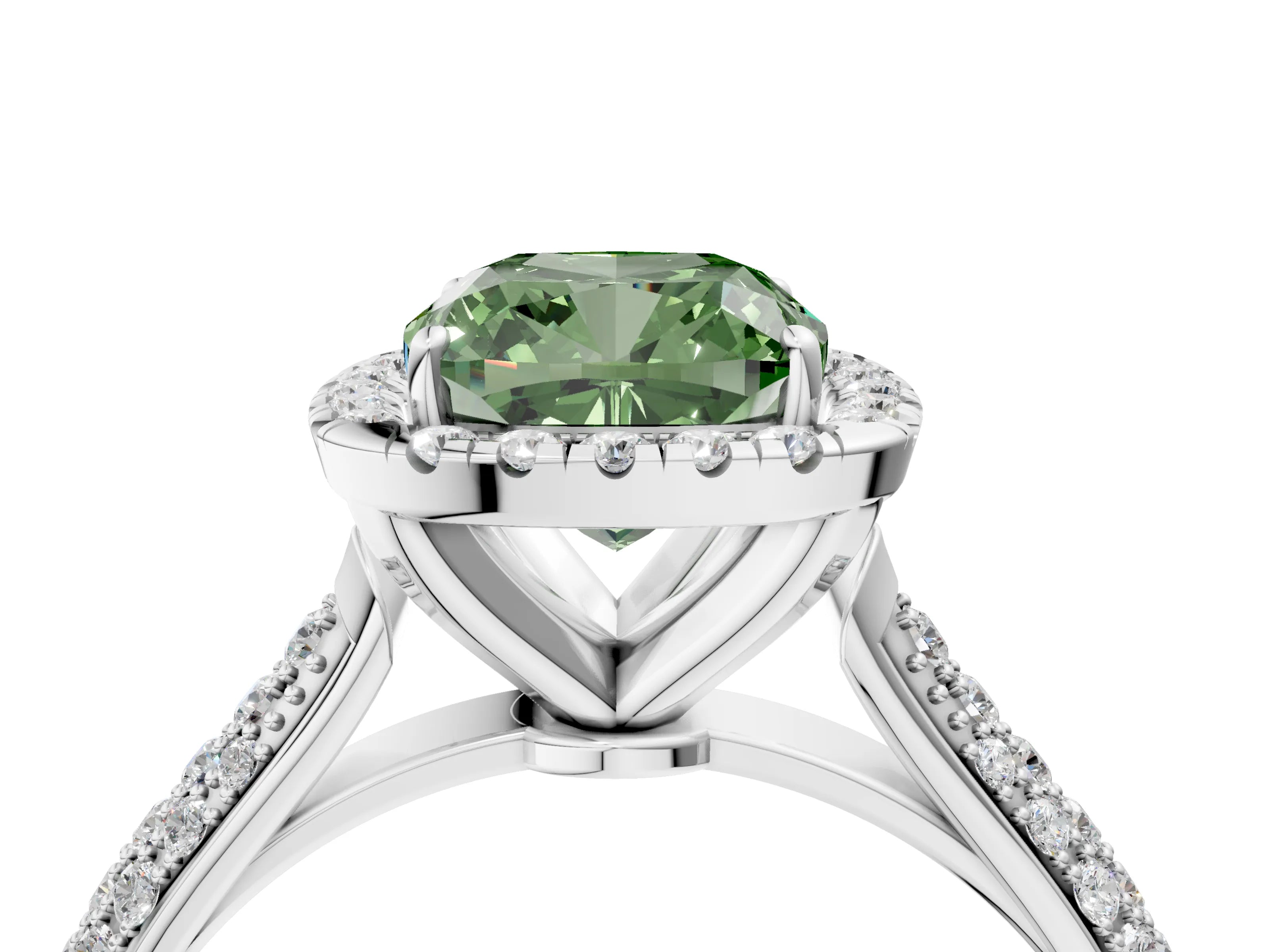 White gold Fancy Green Cushion Cut Halo Diamond Ring with Pavé Band_40