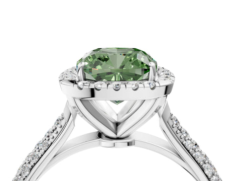White gold Fancy Green Cushion Cut Halo Diamond Ring with Pavé Band_40