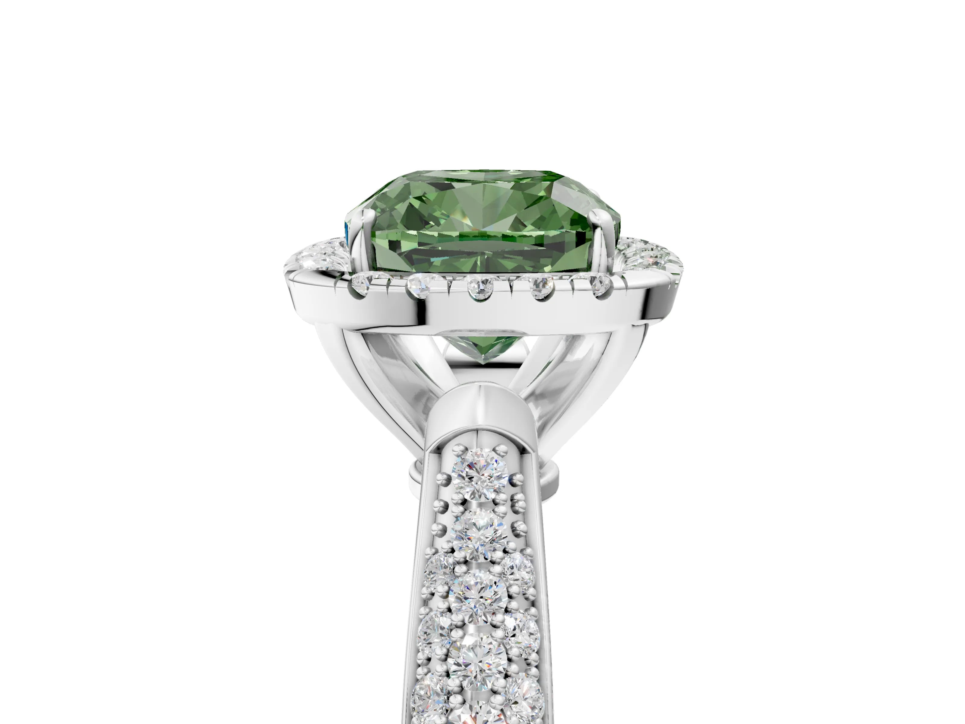White gold Fancy Green Cushion Cut Halo Diamond Ring with Pavé Band_41