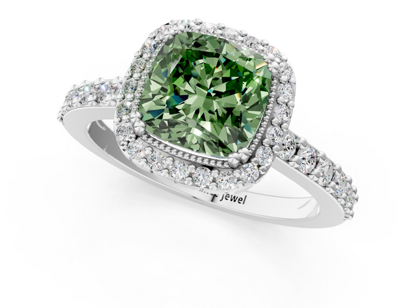 White gold Fancy Green Cushion  Cut Diamond Halo Engagement Ring with Milgrain Detail and Pavé Band