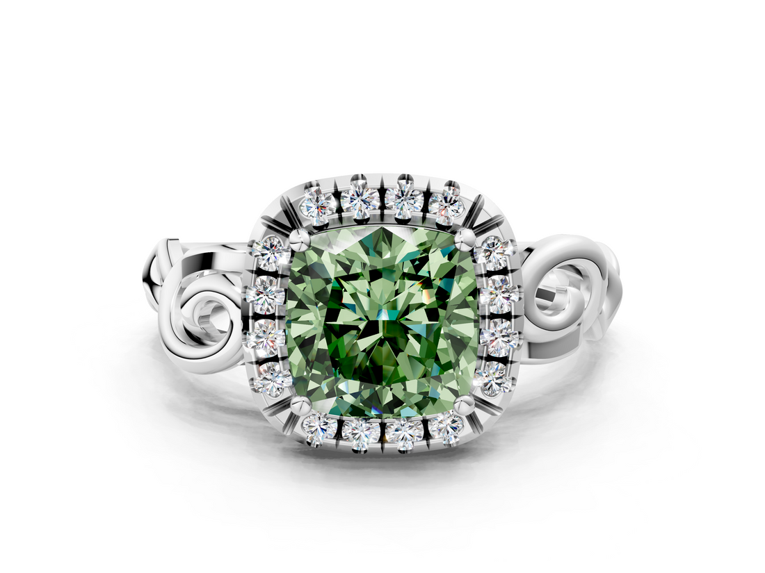 White gold Fancy Green Cushion  Cut Halo Diamond Ring with Scrollwork Band and Four-Prong Setting_71