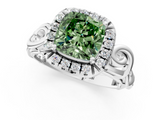 White gold Fancy Green Cushion  Cut Halo Diamond Ring with Scrollwork Band and Four-Prong Setting_73