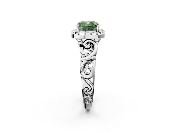 White gold Fancy Green Cushion  Cut Halo Diamond Ring with Scrollwork Band and Four-Prong Setting