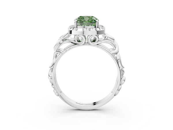 White gold Fancy Green Cushion  Cut Halo Diamond Ring with Scrollwork Band and Four-Prong Setting
