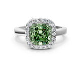 White gold Fancy Green Cushion Cut Halo Diamond Ring with Solitaire Band and Prong Setting