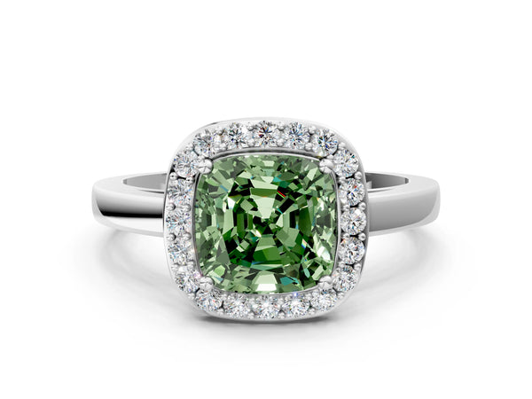 White gold Fancy Green Cushion Cut Halo Diamond Ring with Solitaire Band and Prong Setting