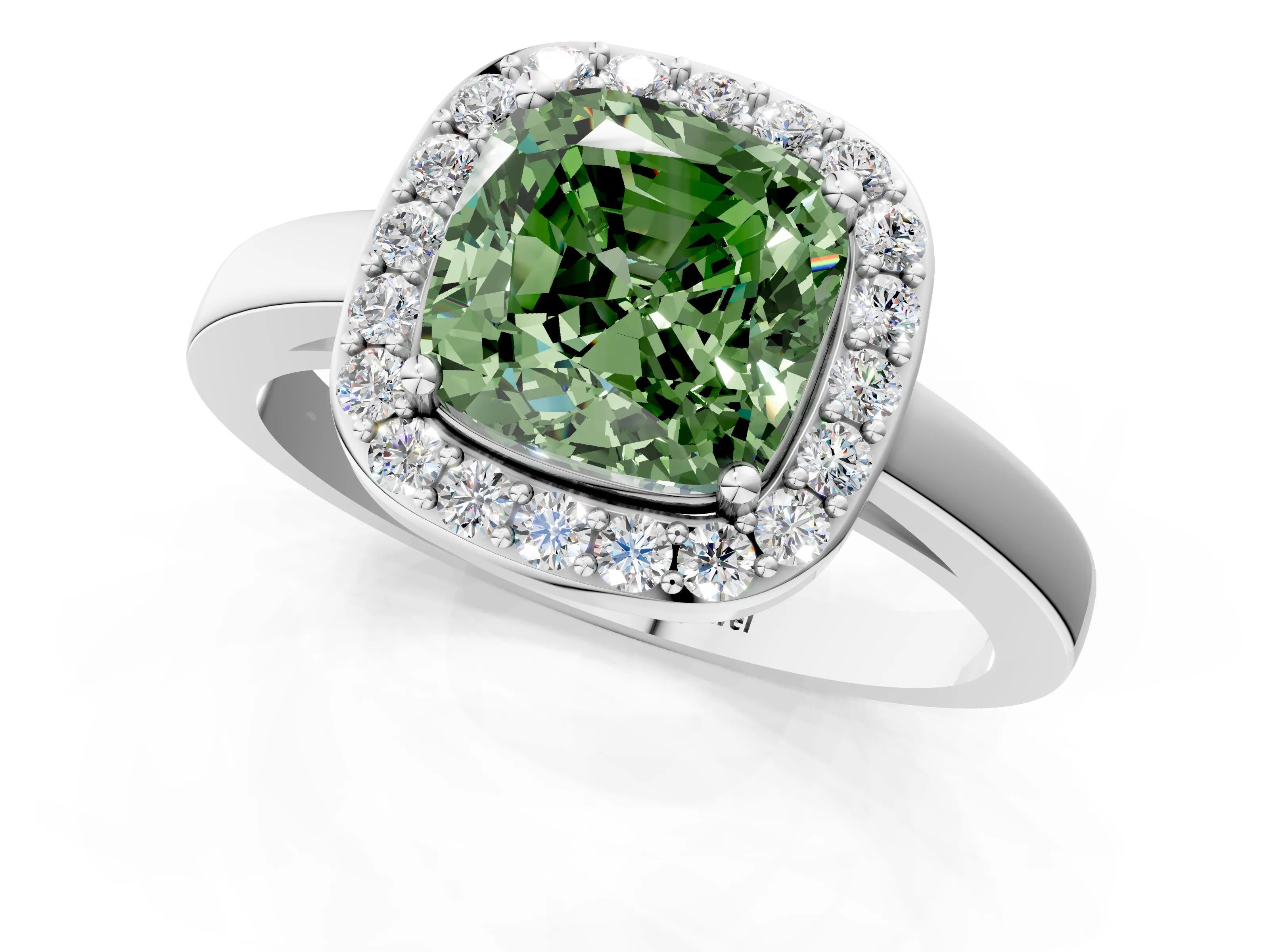 White gold Fancy Green Cushion Cut Halo Diamond Ring with Solitaire Band and Prong Setting_1