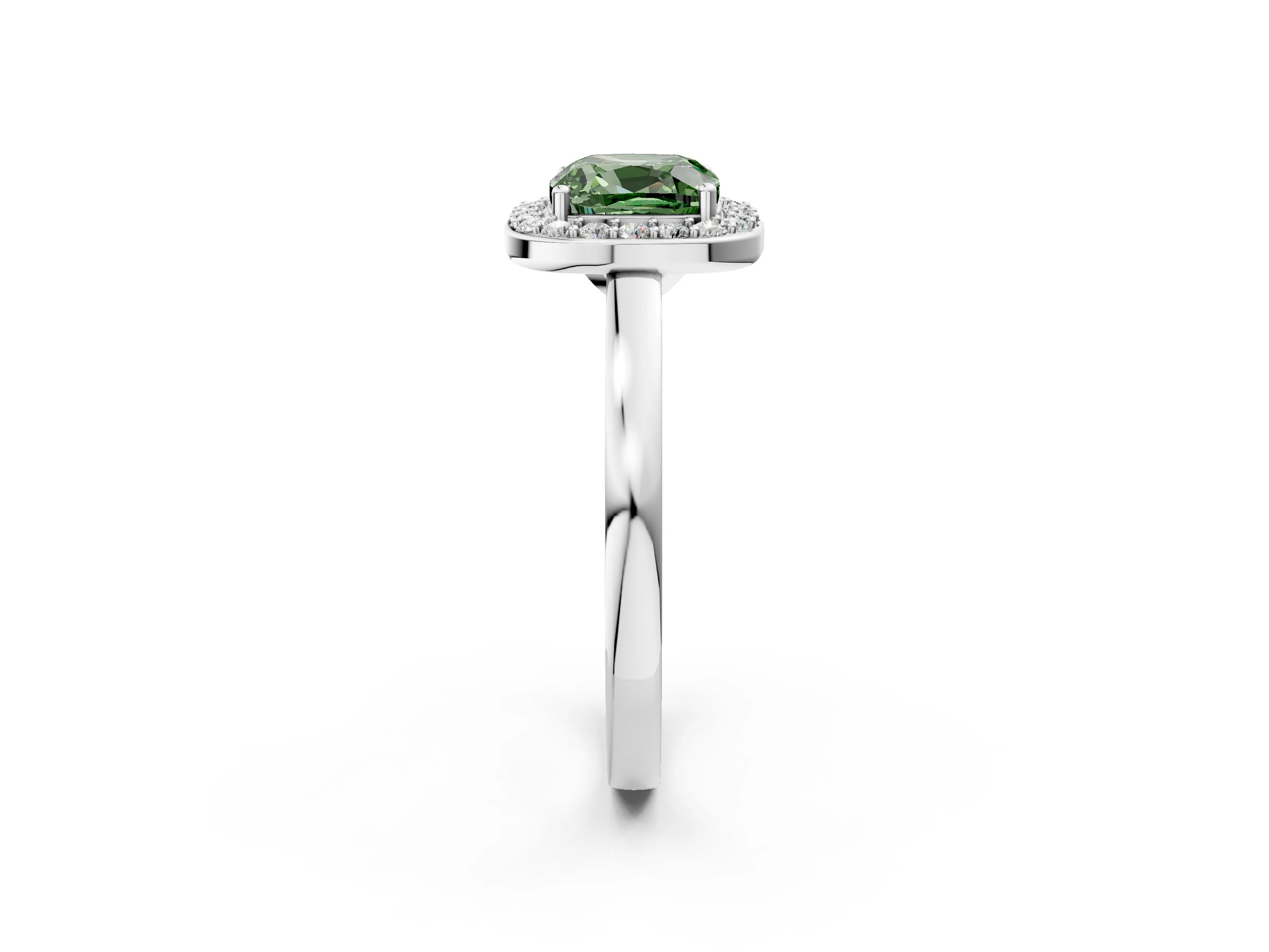 White gold Fancy Green Cushion Cut Halo Diamond Ring with Solitaire Band and Prong Setting_2