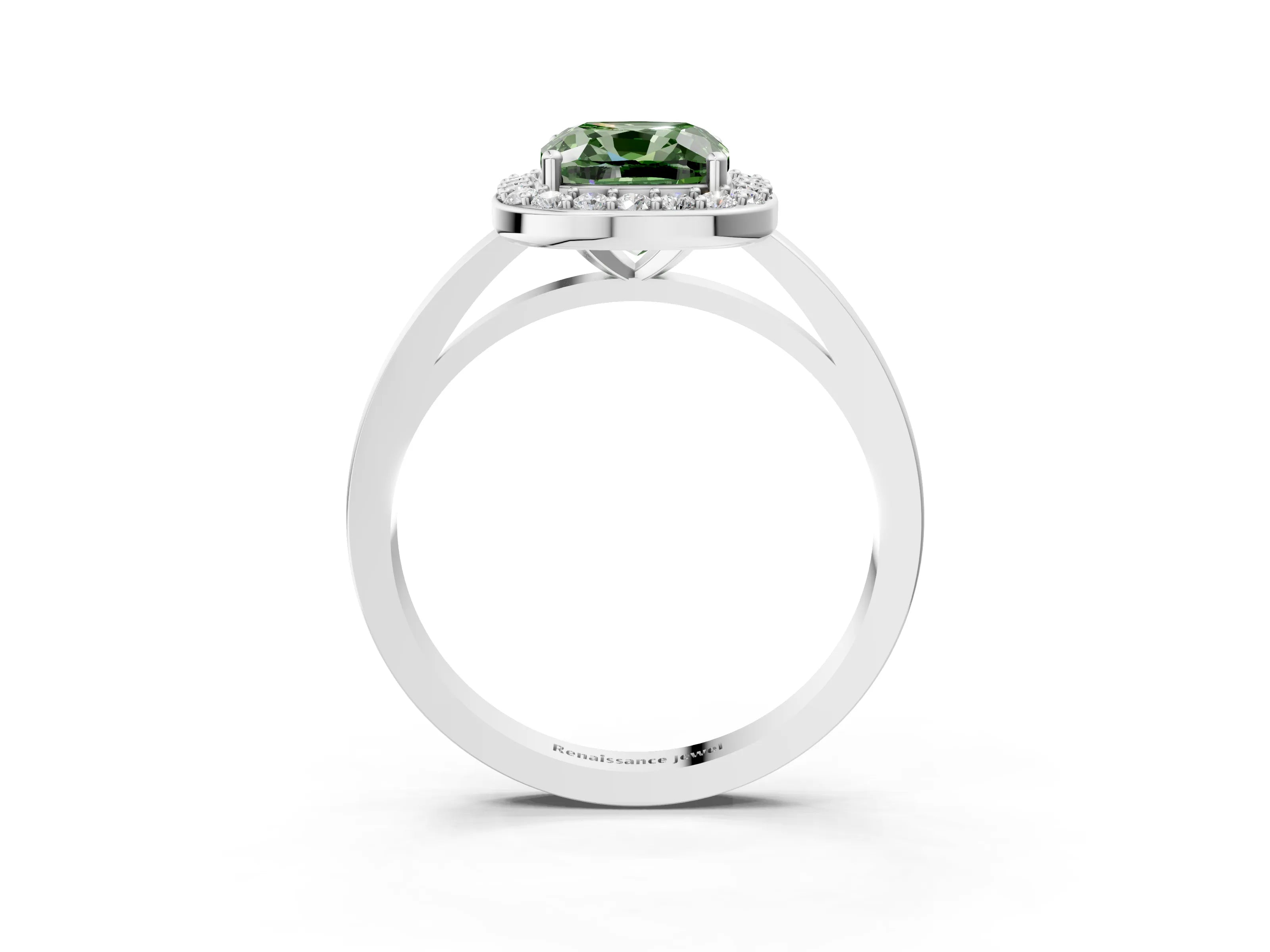 White gold Fancy Green Cushion Cut Halo Diamond Ring with Solitaire Band and Prong Setting_3