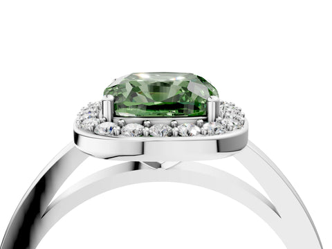 White gold Fancy Green Cushion Cut Halo Diamond Ring with Solitaire Band and Prong Setting_4