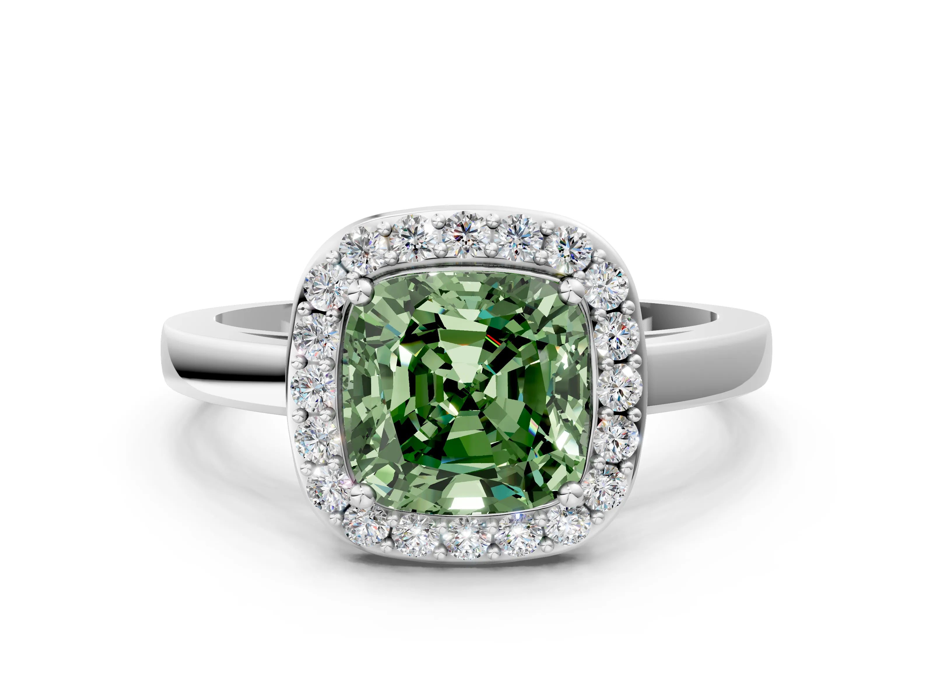 White gold Fancy Green Cushion Cut Halo Diamond Ring with Solitaire Band and Prong Setting
