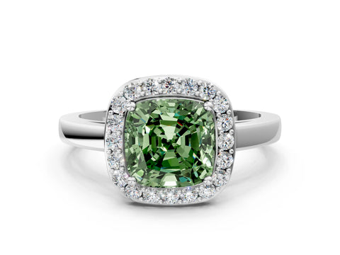 White gold Fancy Green Cushion Cut Halo Diamond Ring with Solitaire Band and Prong Setting