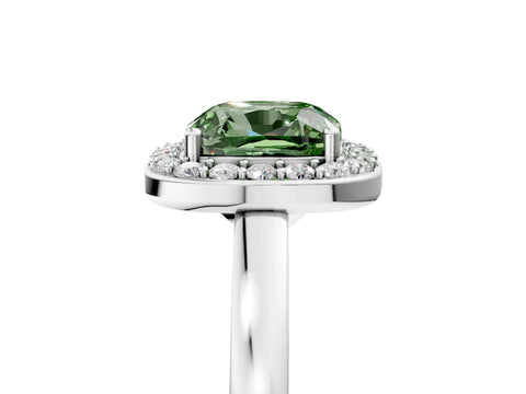 White gold Fancy Green Cushion Cut Halo Diamond Ring with Solitaire Band and Prong Setting_5