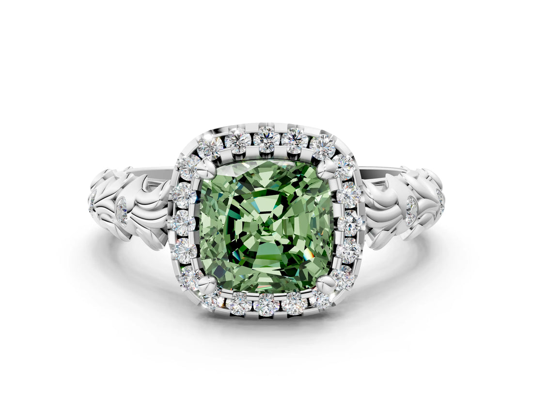 White gold Fancy Green Cushion Cut Halo Diamond Solitaire with Filigree Band and Four-Prong Setting