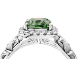 White gold Fancy Green Cushion Cut Halo Diamond Solitaire with Filigree Band and Four-Prong Setting_4
