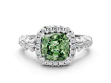 White gold Fancy Green Cushion Cut Halo Diamond Solitaire with Filigree Band and Four-Prong Setting