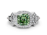 White gold Fancy Green Cushion Cut Halo Diamond Split Shank Engagement Ring with Four-Prong Setting_12