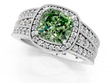 White gold Fancy Green Cushion Cut Halo Diamond Split Shank Ring with Prong Setting_1