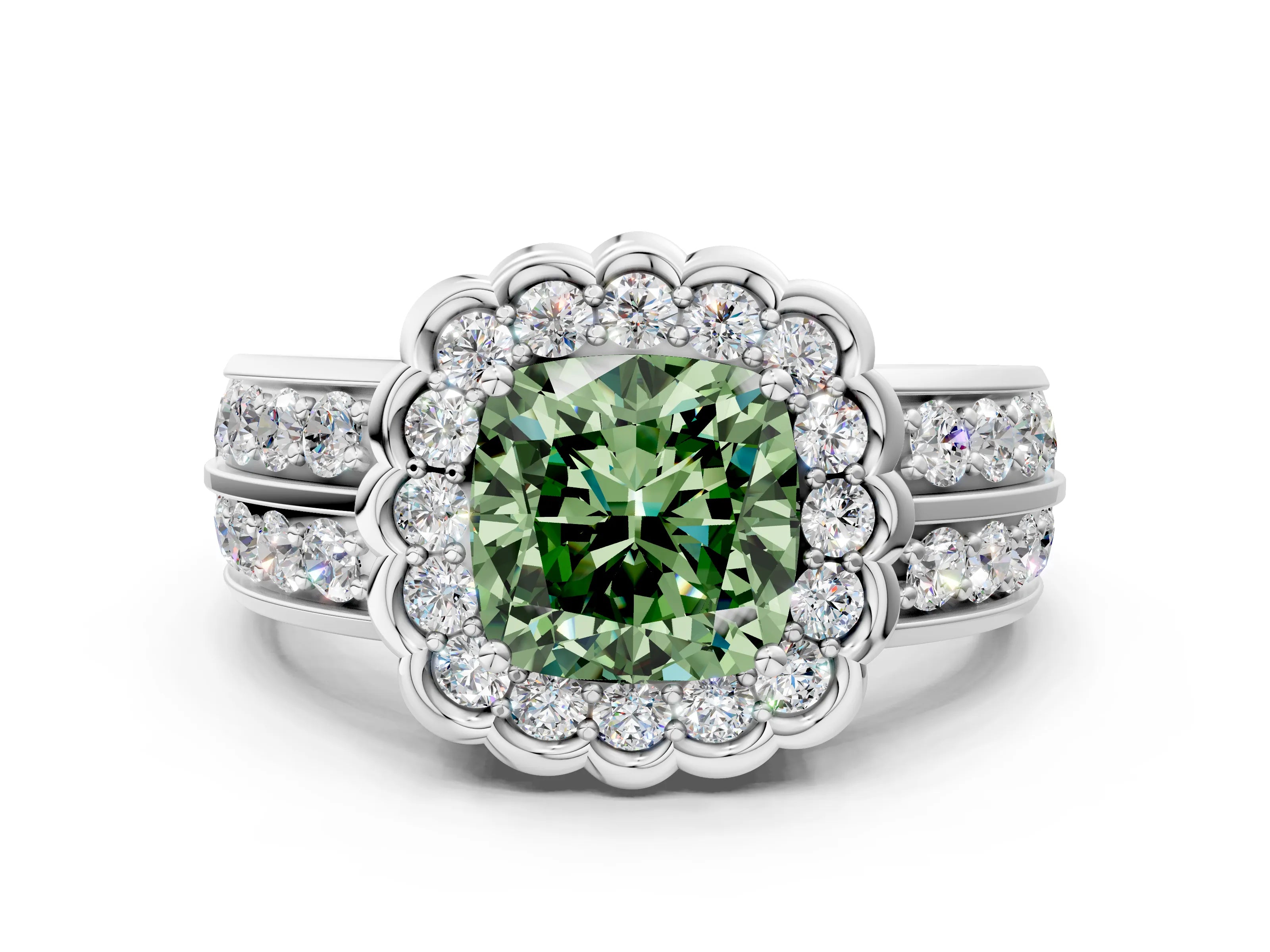 White gold Fancy Green Cushion Cut Halo Diamond Split Shank Ring with Scalloped Prong Setting_12
