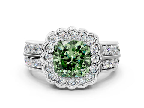 White gold Fancy Green Cushion Cut Halo Diamond Split Shank Ring with Scalloped Prong Setting_12