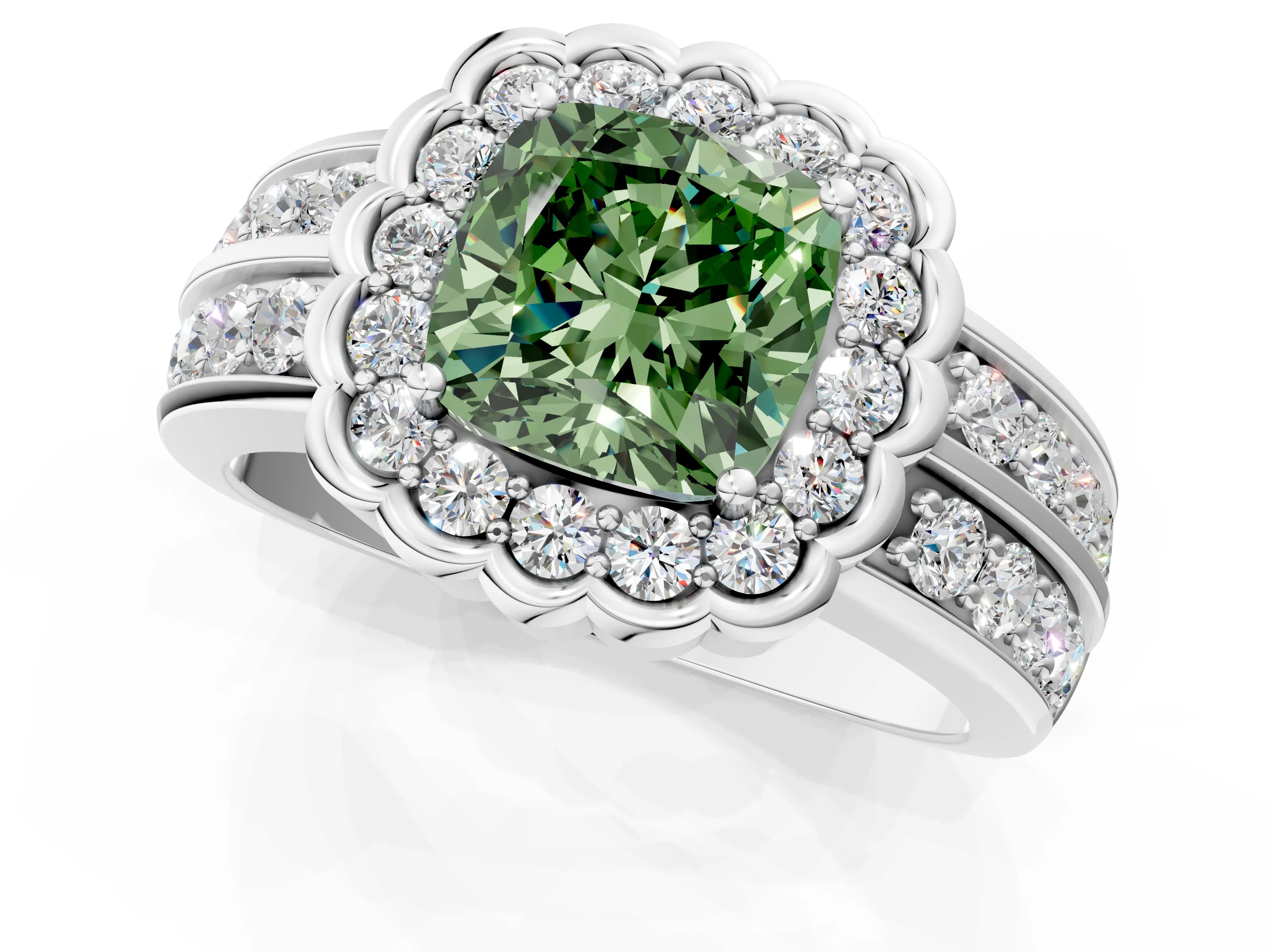 White gold Fancy Green Cushion Cut Halo Diamond Split Shank Ring with Scalloped Prong Setting_13