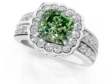 White gold Fancy Green Cushion Cut Halo Diamond Split Shank Ring with Scalloped Prong Setting_13