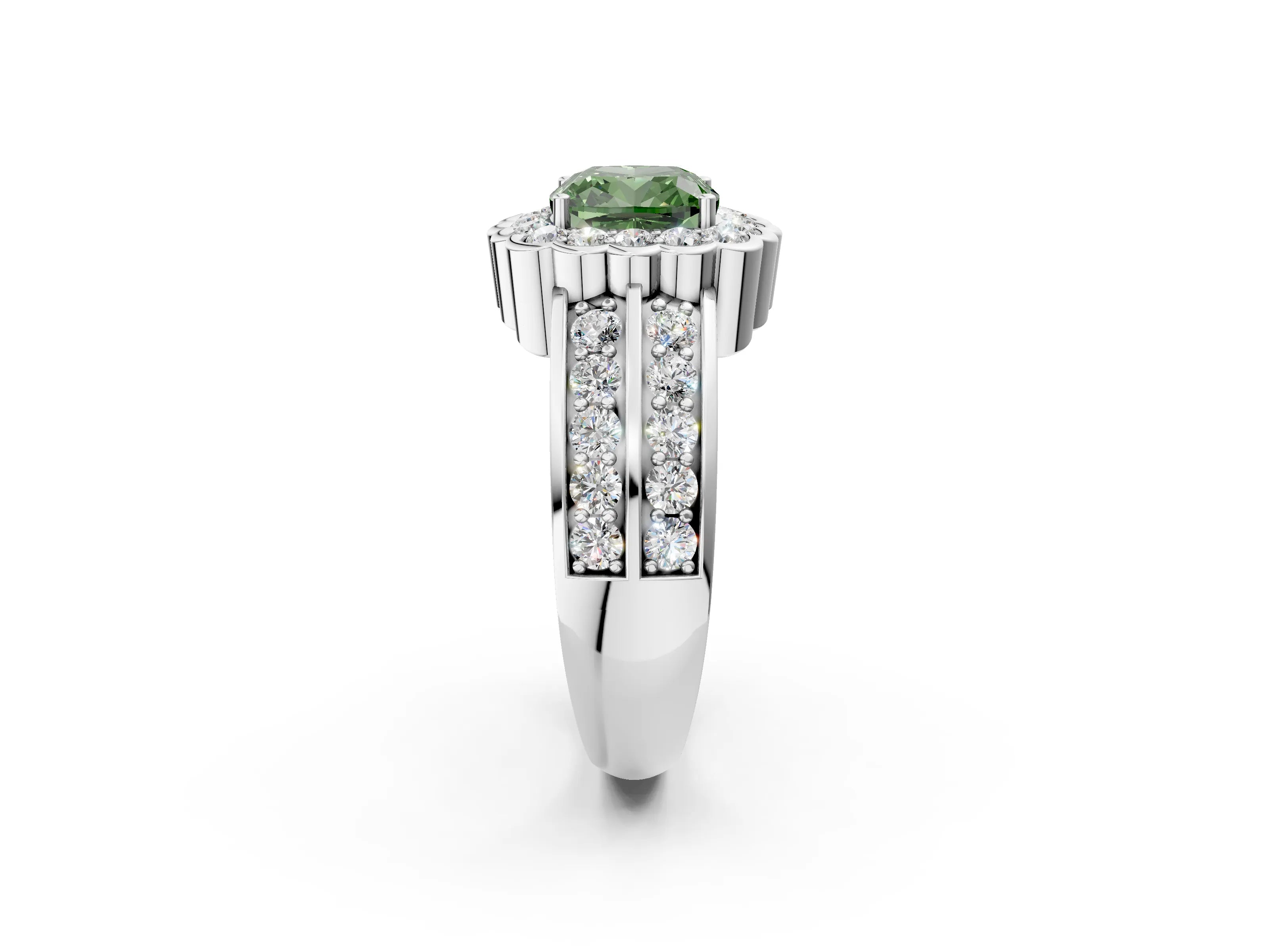 White gold Fancy Green Cushion Cut Halo Diamond Split Shank Ring with Scalloped Prong Setting_14