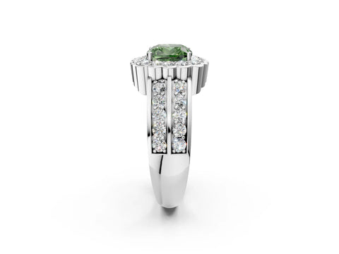 White gold Fancy Green Cushion Cut Halo Diamond Split Shank Ring with Scalloped Prong Setting_14
