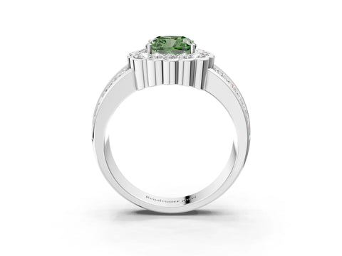White gold Fancy Green Cushion Cut Halo Diamond Split Shank Ring with Scalloped Prong Setting_15