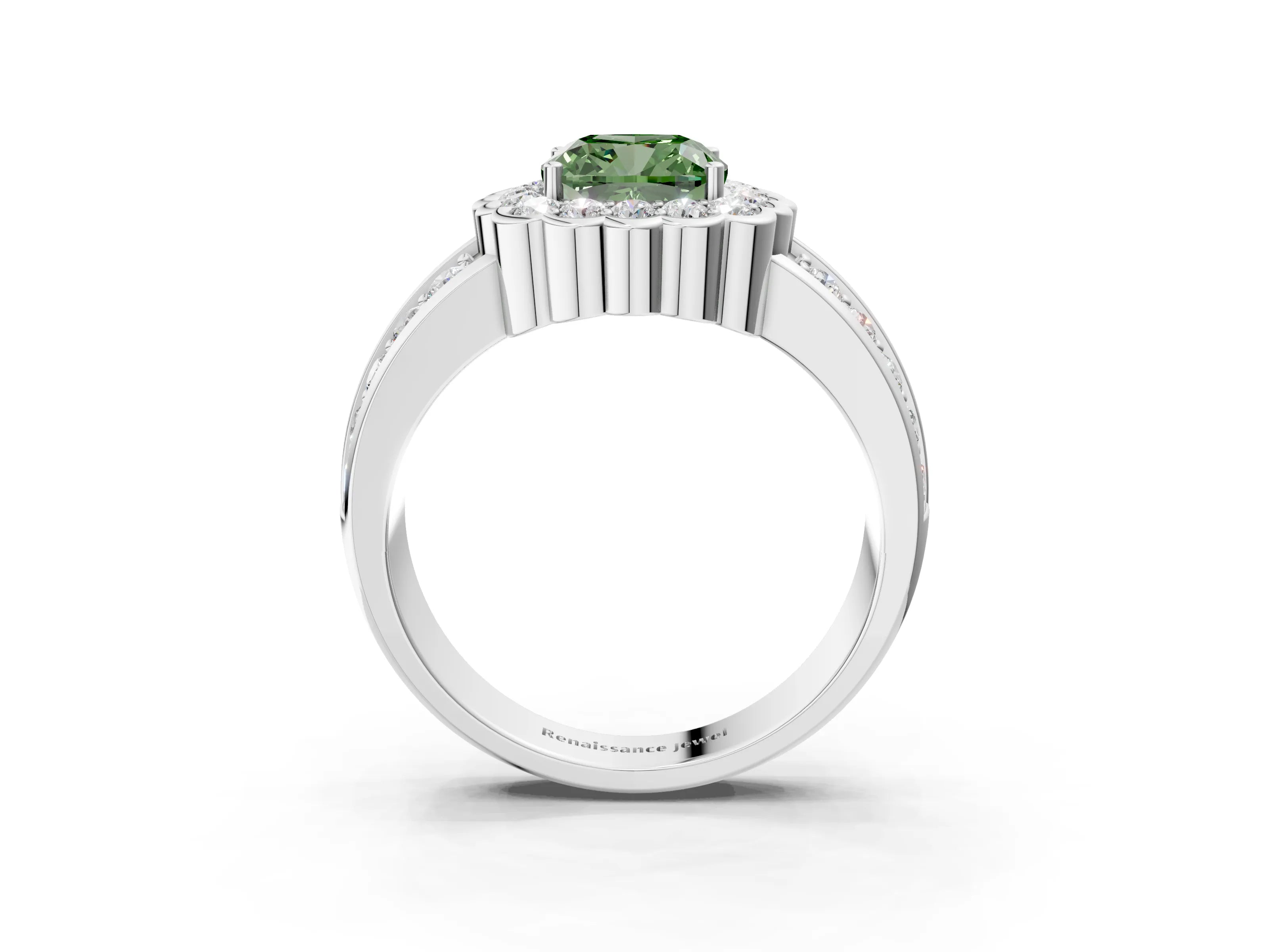 White gold Fancy Green Cushion Cut Halo Diamond Split Shank Ring with Scalloped Prong Setting_15
