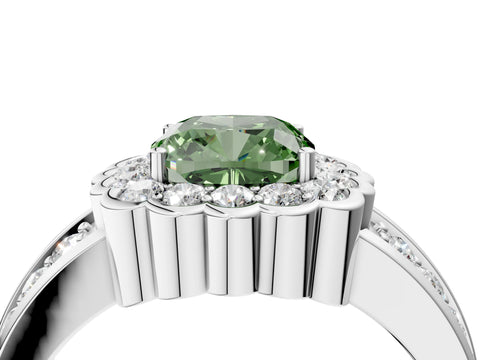 White gold Fancy Green Cushion Cut Halo Diamond Split Shank Ring with Scalloped Prong Setting_16