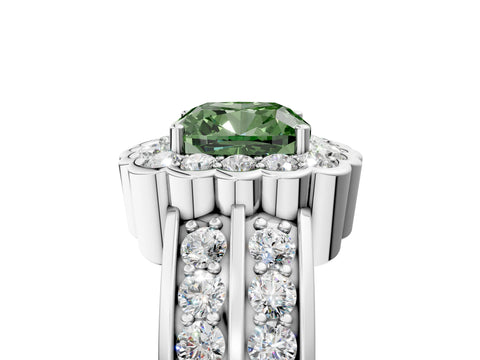 White gold Fancy Green Cushion Cut Halo Diamond Split Shank Ring with Scalloped Prong Setting_17