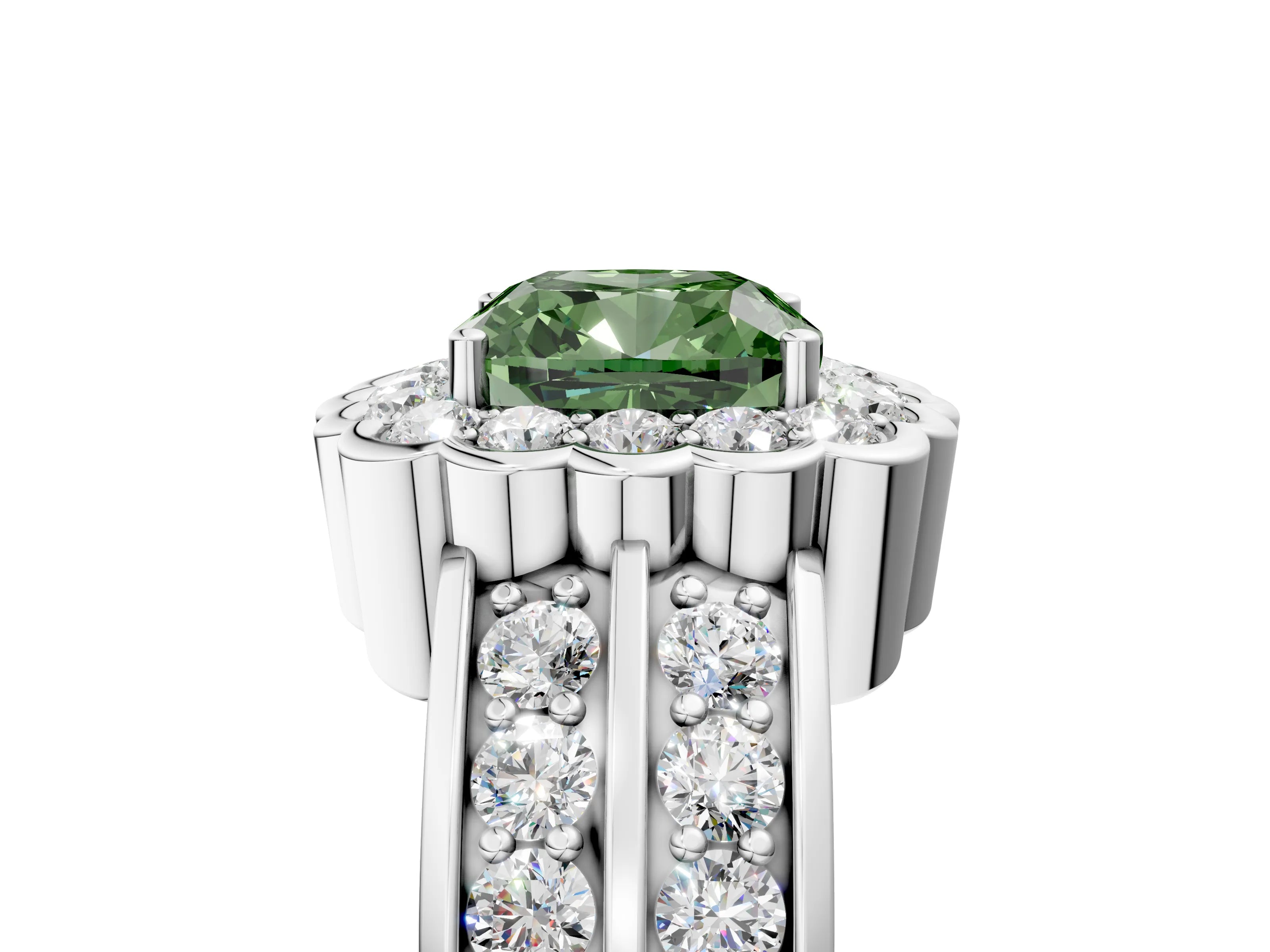 White gold Fancy Green Cushion Cut Halo Diamond Split Shank Ring with Scalloped Prong Setting_17